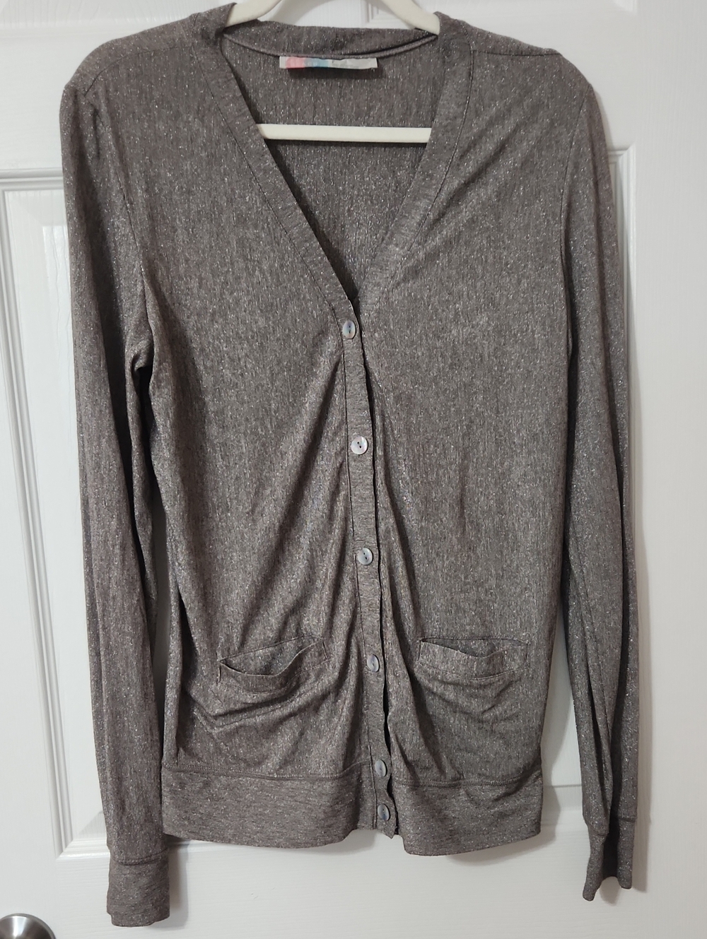 Taupe Metallic V-Neck Button Cardigan Sweater